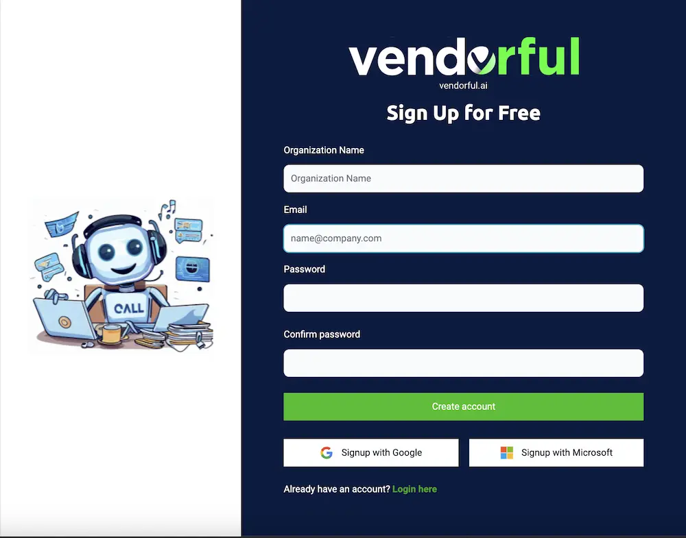 Vendorful AI Sign-Up Page